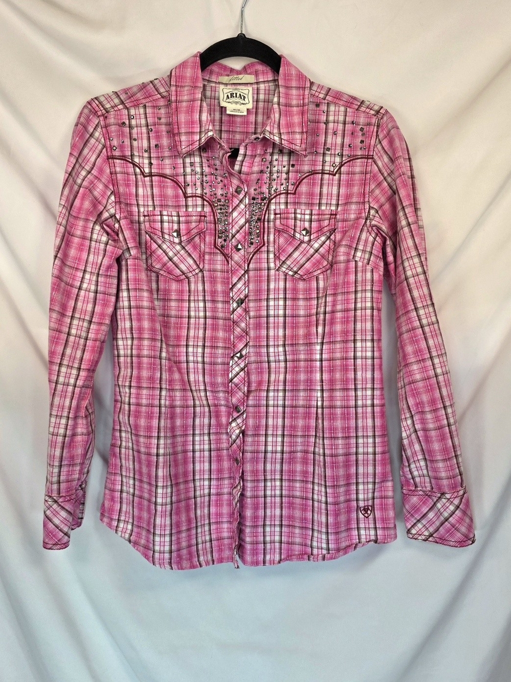 Ariat Womens Pink Plaid Western Shirt Sz M Studded Rhinestone Cowgirl Metal Snap